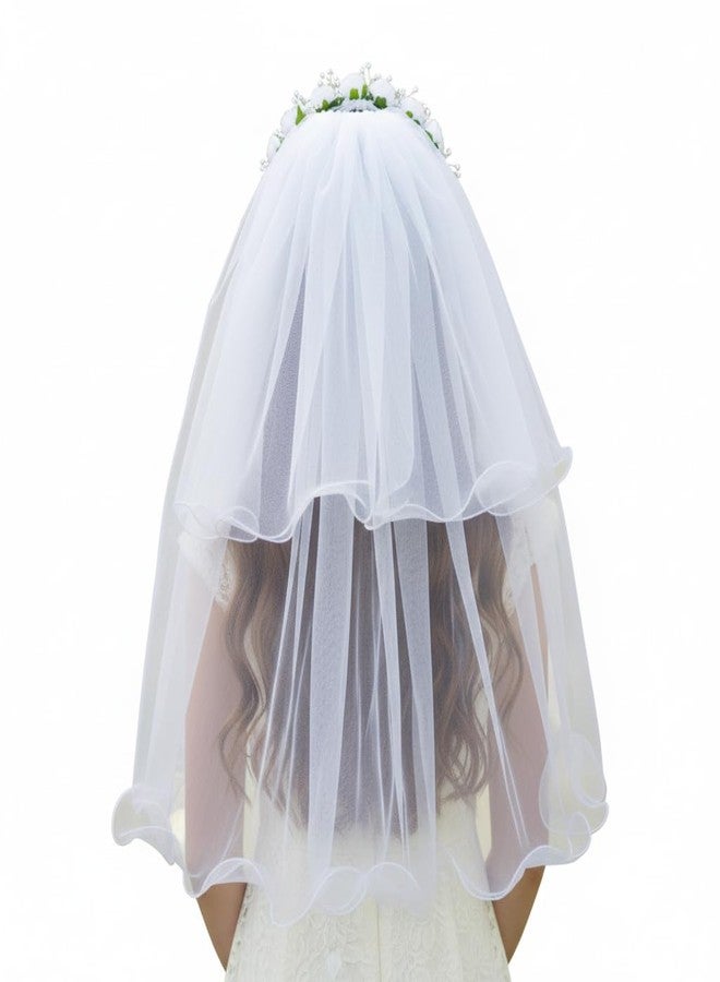 Devino ora Veil Flower Headband Hair Wreath Floral Crown Veil Girls Veil First Communion First Holy Communion Veils Headpiece Veil (Medium) - Image 1